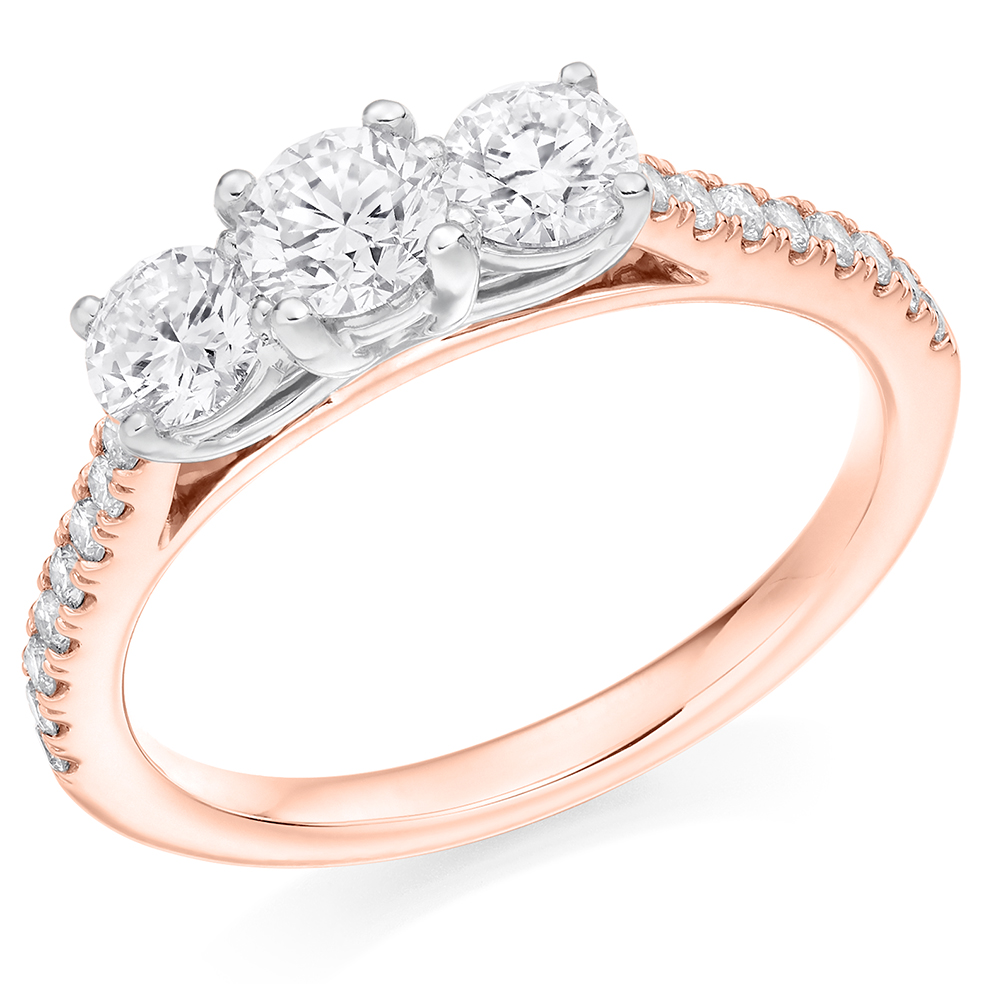 Image of Rose Gold Round Brilliant Trilogy Set with Diamond Set Shoulders Trilogy Ring