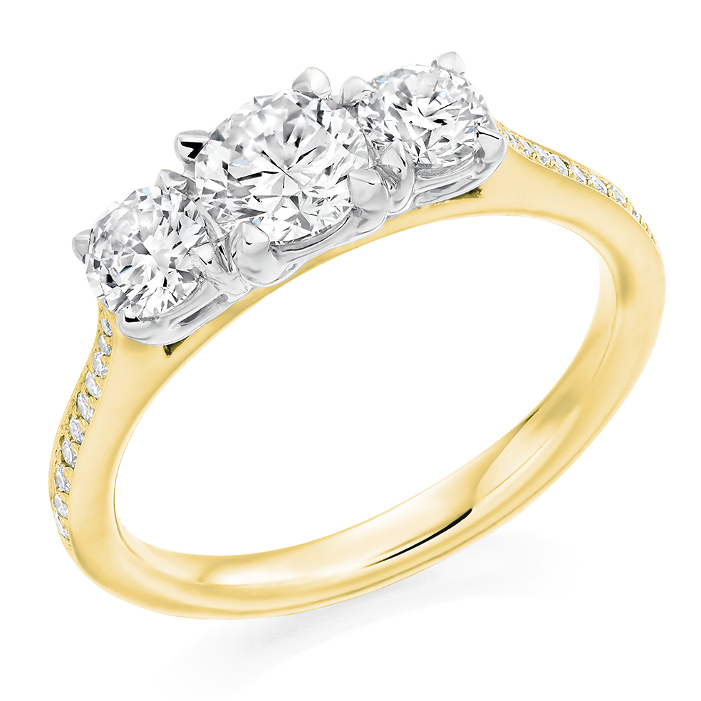 Image of Yellow Gold Round Brilliant Trilogy Set with Diamond Set Shoulders Trilogy Ring