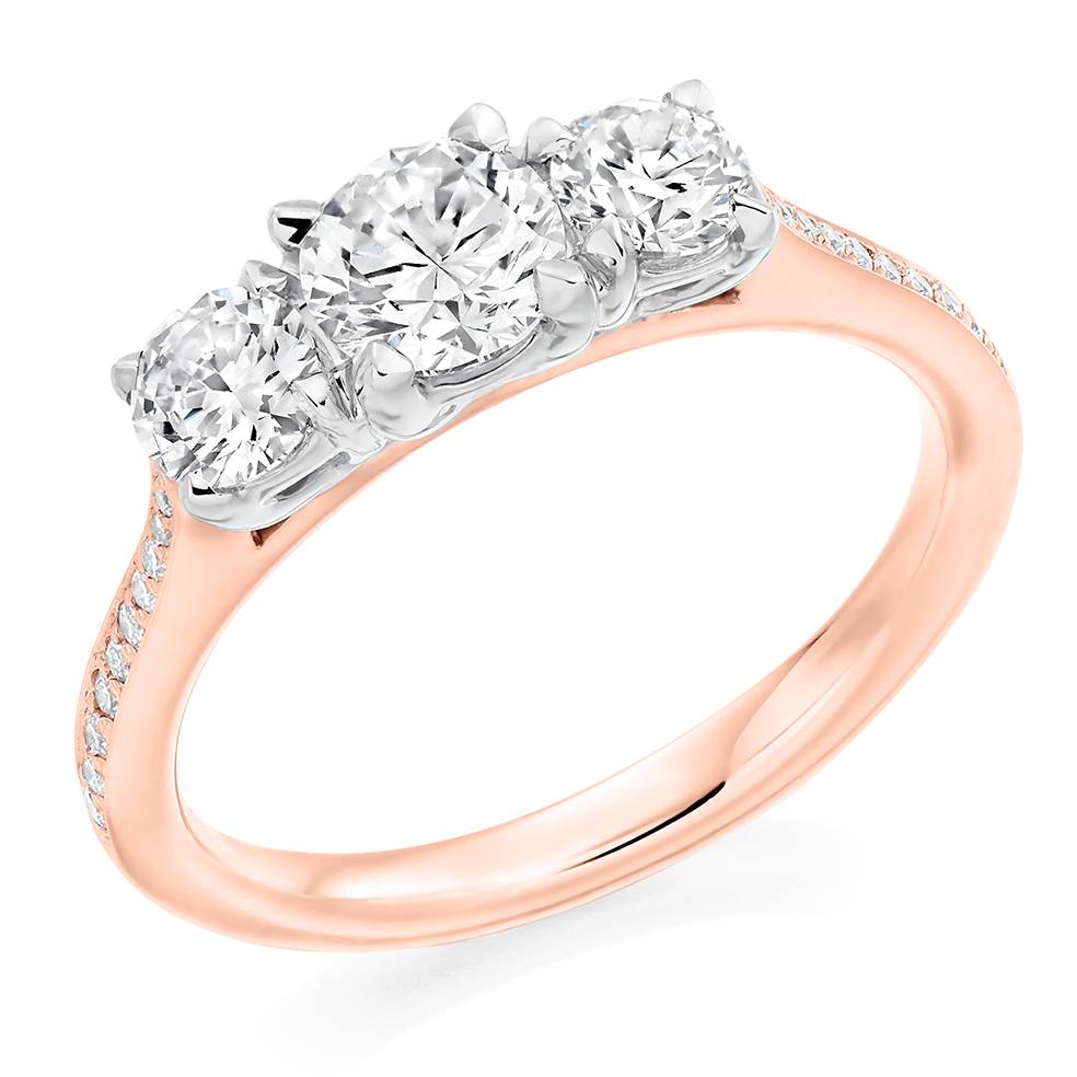 Image of Rose Gold Round Brilliant Trilogy Set with Diamond Set Shoulders Trilogy Ring