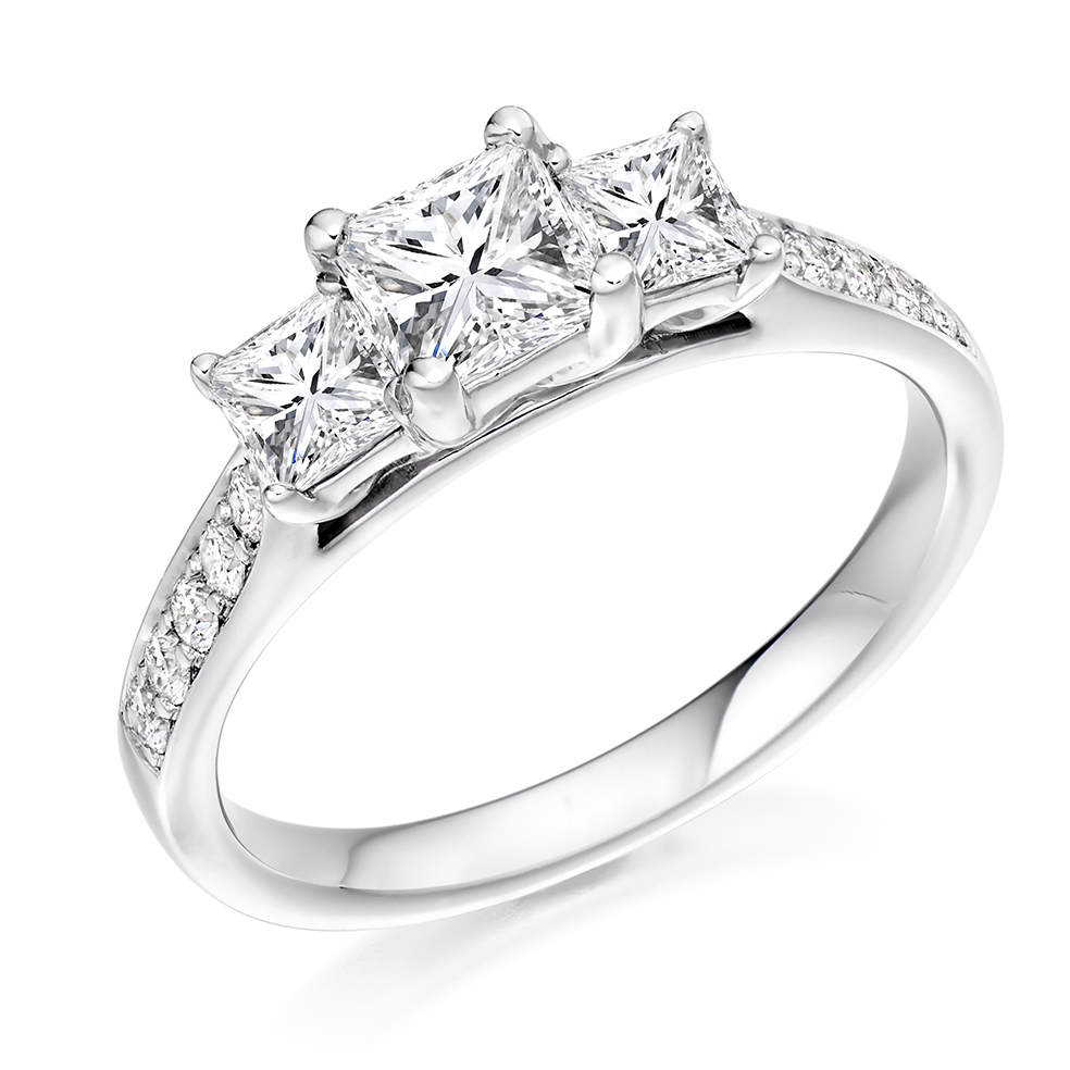 Image of Platinum Princess Cut Trilogy Set with Diamond Set Shoulders Trilogy Ring