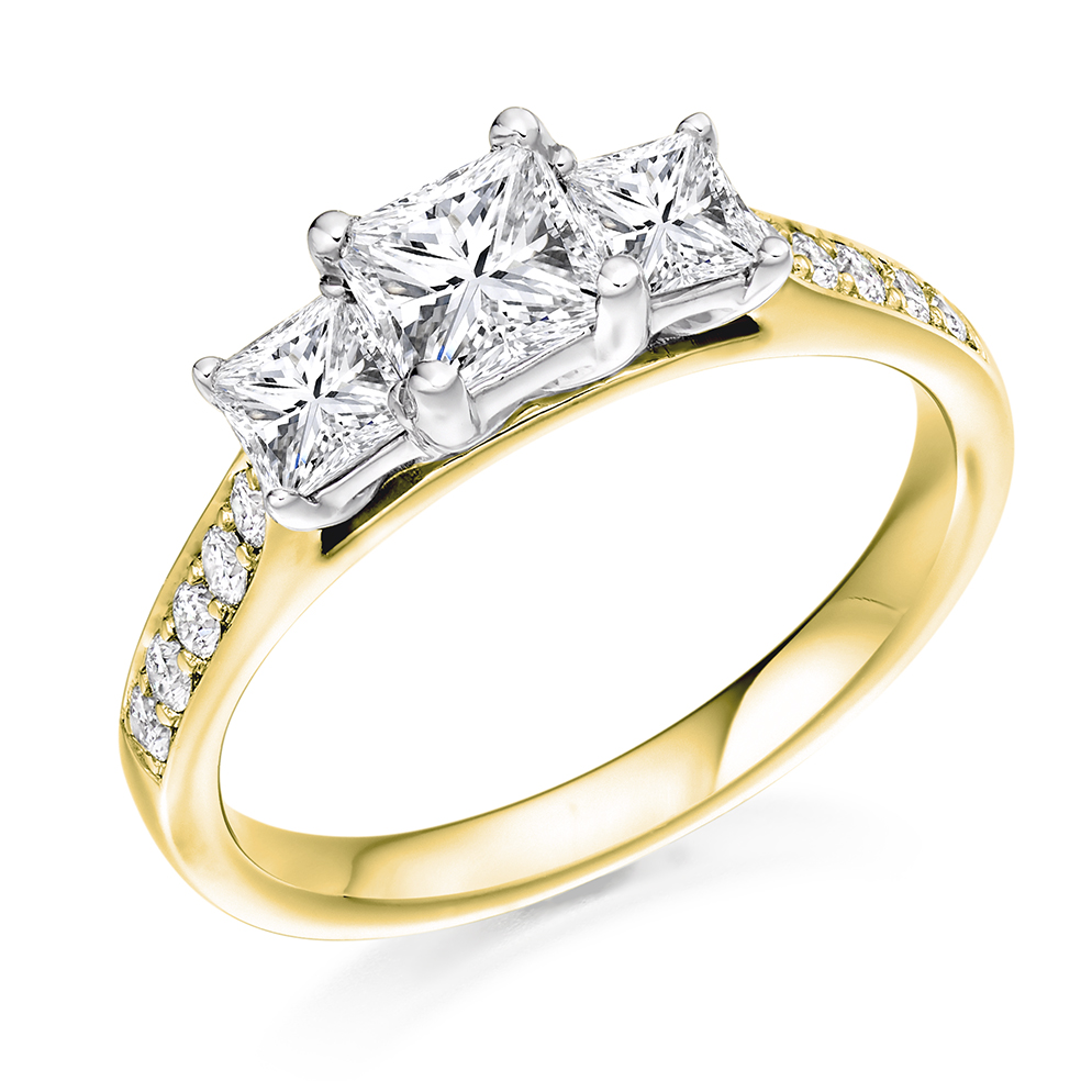 Image of Yellow Gold Princess Cut Trilogy Set with Diamond Set Shoulders Trilogy Ring