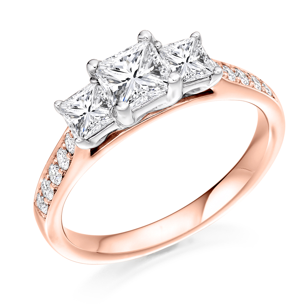 Princess Cut Trilogy Set with Diamond Set Shoulders Trilogy Ring Image