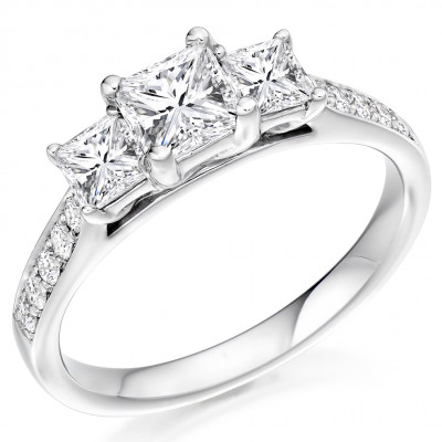 Princess Cut Trilogy Set with Diamond Set Shoulders Trilogy Ring Metal Image