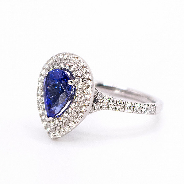 Image of 1.68ct Natural Pear Cut Tanzanite and Natural Diamond Double Halo Ring in Platinum