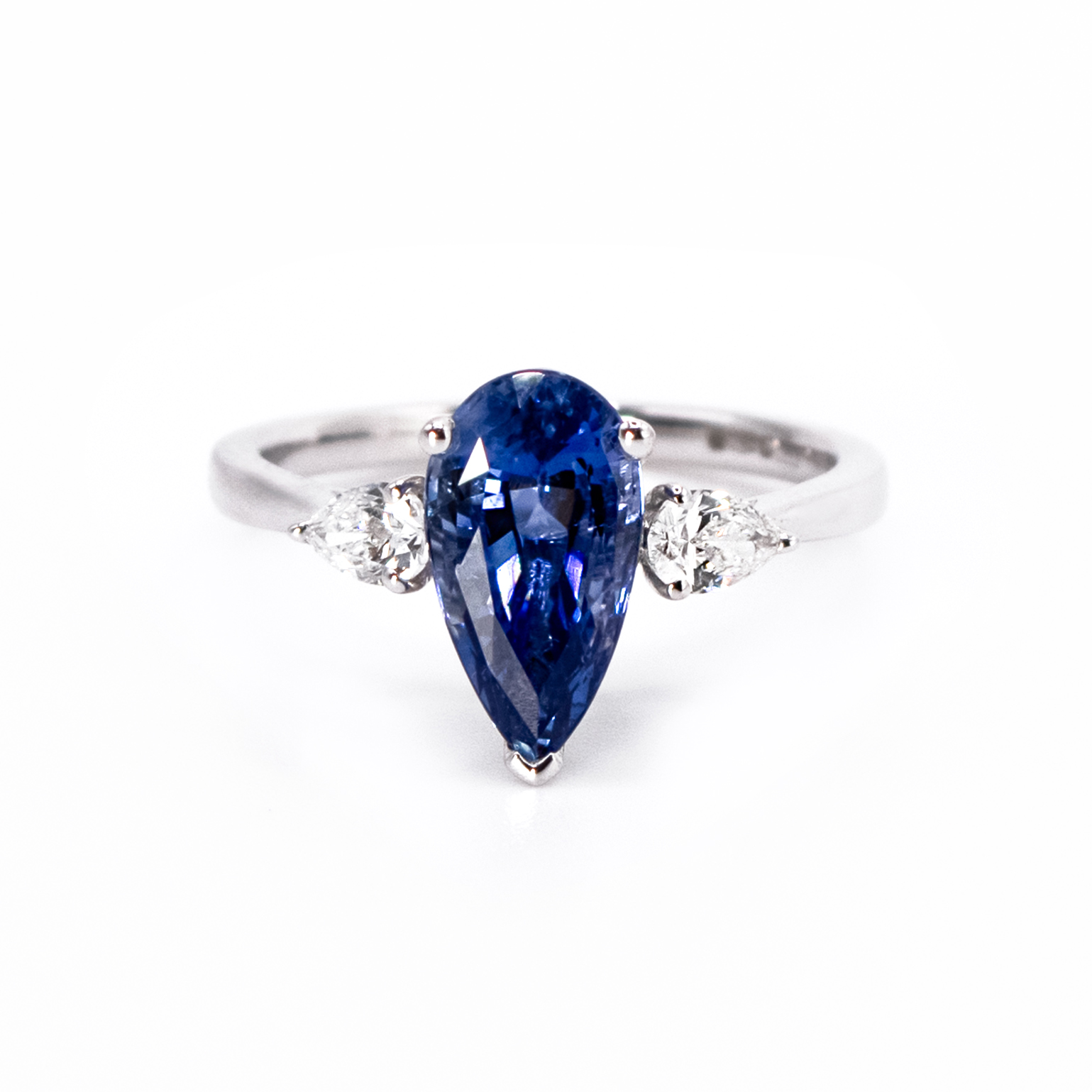 3.09ct Natural Pear Cut Blue Sapphire and Natural Pear Brilliant Cut Diamond Outers on Shoulders Ring in Platinum Image