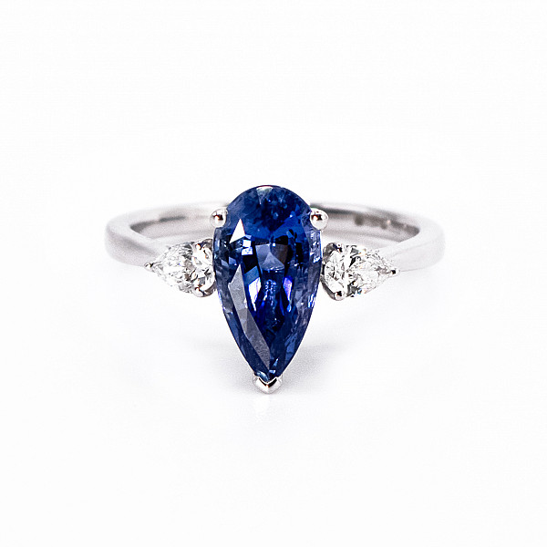 Image of 3.09ct Natural Pear Cut Blue Sapphire and Natural Pear Brilliant Cut Diamond Outers on Shoulders Ring in Platinum