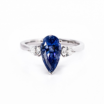 3.09ct Natural Pear Cut Blue Sapphire and Natural Pear Brilliant Cut Diamond Outers on Shoulders Ring in Platinum Image