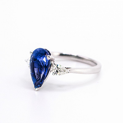 3.09ct Natural Pear Cut Blue Sapphire and Natural Pear Brilliant Cut Diamond Outers on Shoulders Ring in Platinum Image