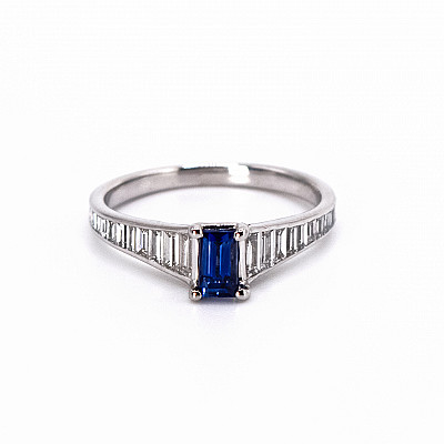 0.47ct Natural Emerald Cut Sapphire and Natural Baguette Cut Diamond Shoulders Ring in Platinum Image
