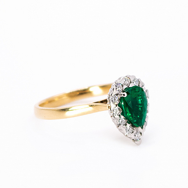 Image of 1.02ct Natural Pear Cut Emerald and Natural  Diamond Halo in Yellow Gold
