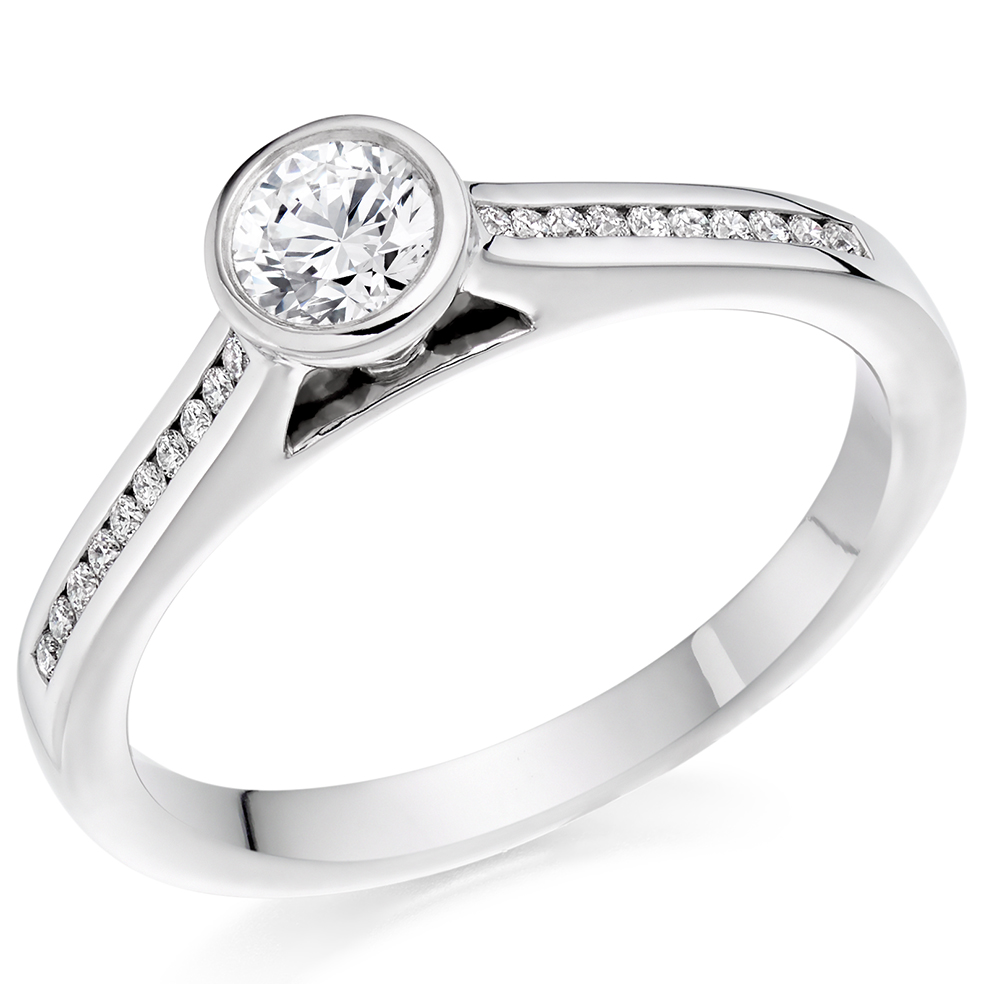 Image of Platinum Round Brilliant Solitaire with Diamond Set Shoulders Engagement Ring