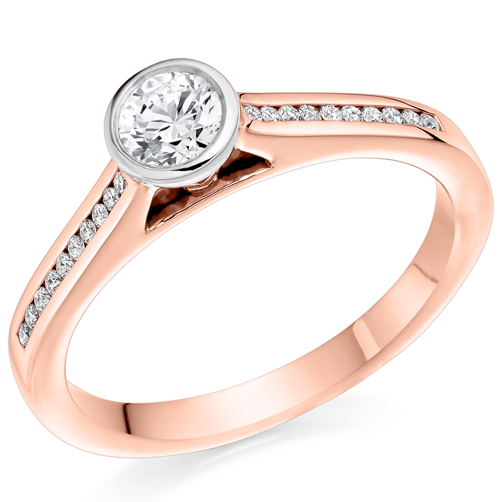 Image of Rose Gold Round Brilliant Solitaire with Diamond Set Shoulders Engagement Ring