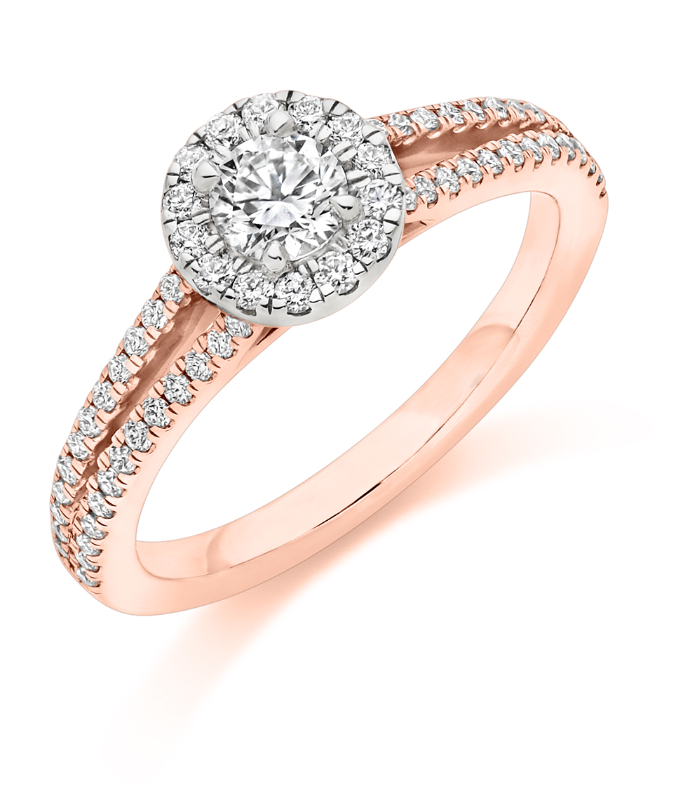 Image of Rose Gold Round Brilliant Halo with Diamond Set Shoulders Split Shoulders Engagement Ring