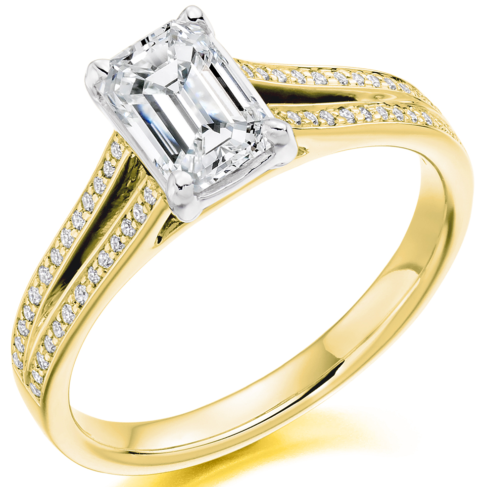 Emerald Cut Solitaire with Diamond Set Shoulders Split Shoulders Engagement Ring Image