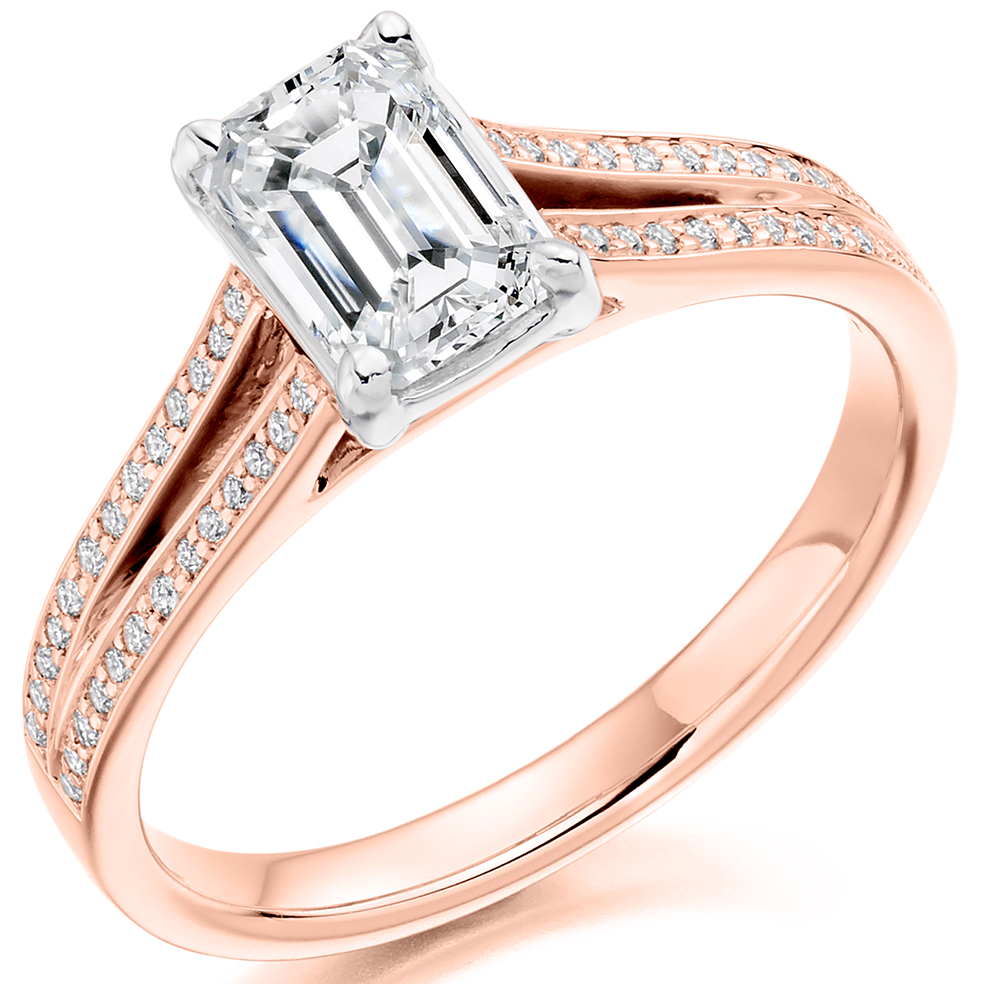 Image of Rose Gold Emerald Cut Solitaire with Diamond Set Shoulders Split Shoulders Engagement Ring