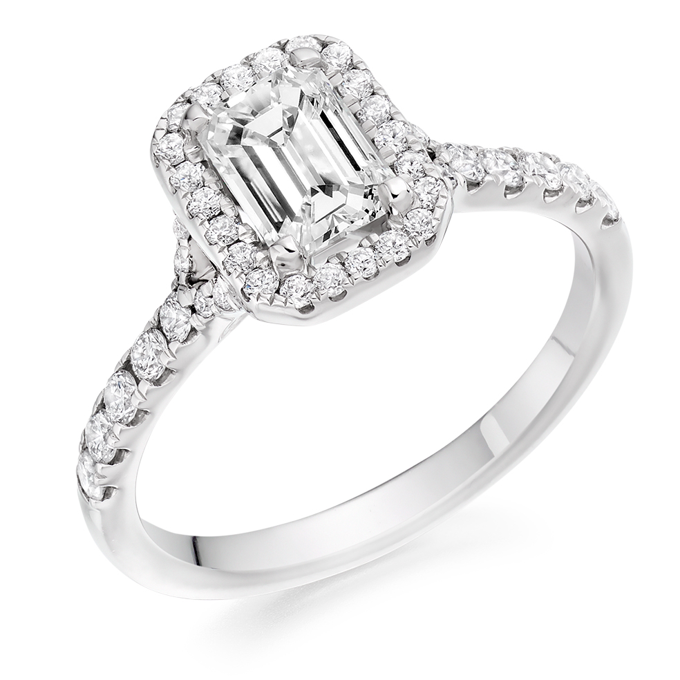 Image of Platinum Emerald Cut Halo with Diamond Set Shoulders Engagement Ring