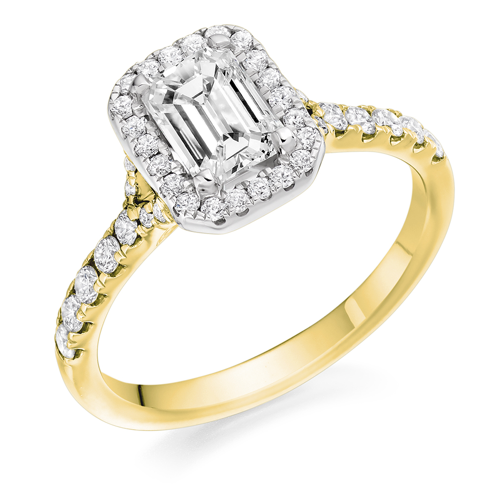 Image of Yellow Gold Emerald Cut Halo with Diamond Set Shoulders Engagement Ring