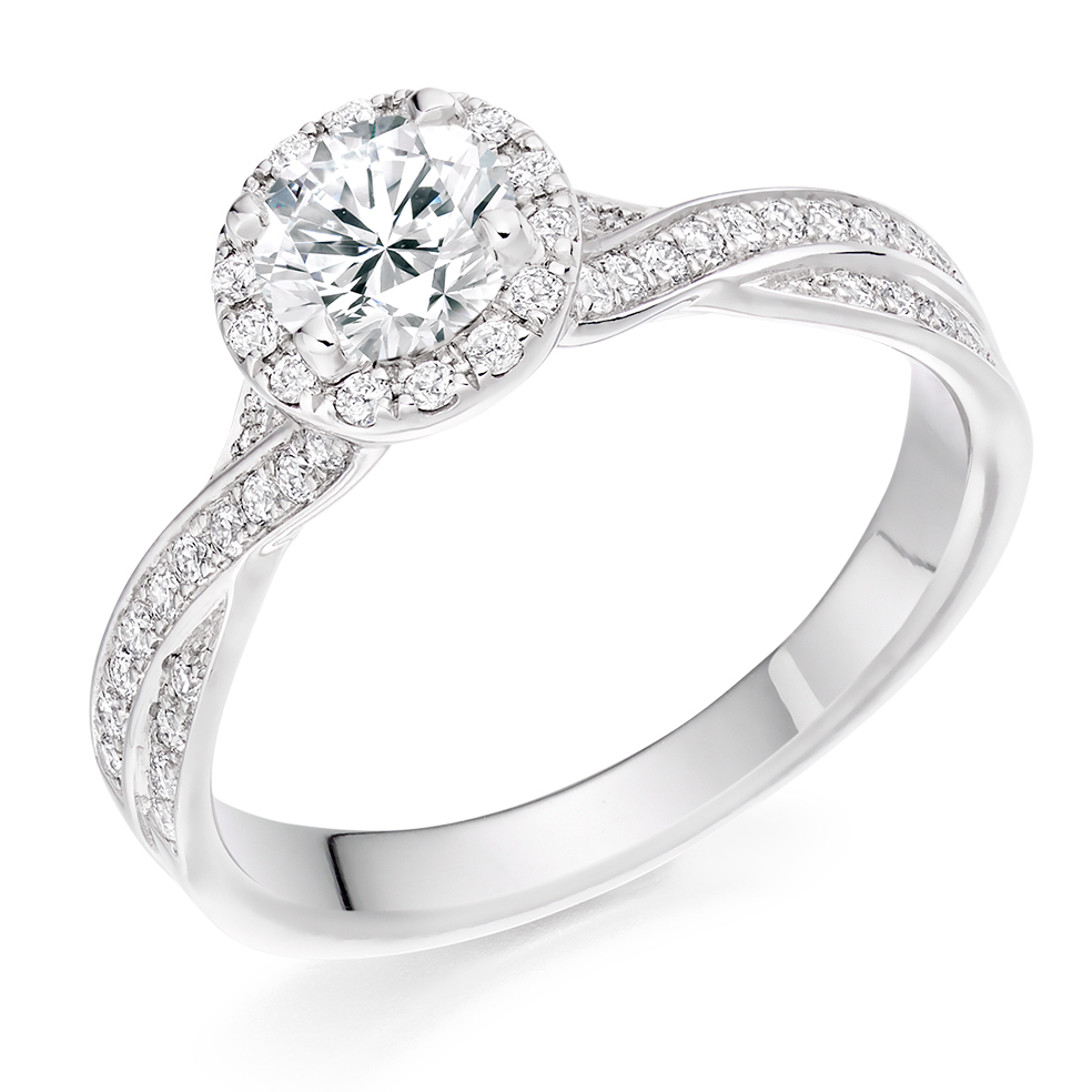 Image of White Gold Round Brilliant Halo with Diamond Set Shoulders Engagement Ring