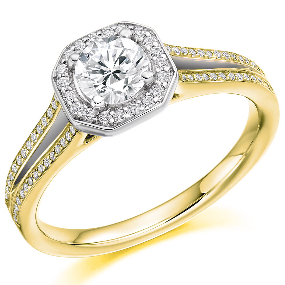 Round Brilliant Halo with Diamond Set Shoulders Split Shoulders Engagement Ring Image