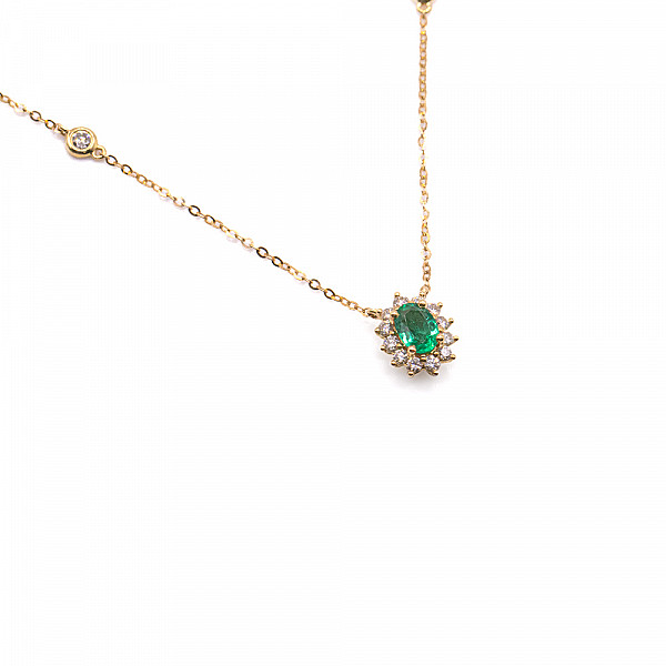 Image of 0.55ct Natural Oval Cut Emerald and Natural Diamond Halo in Yellow Gold Pendant