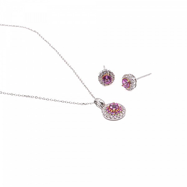 Image of 0.59 Natural Round Cut Pink Sapphire and Natural Diamond Halo in White Gold Pendant