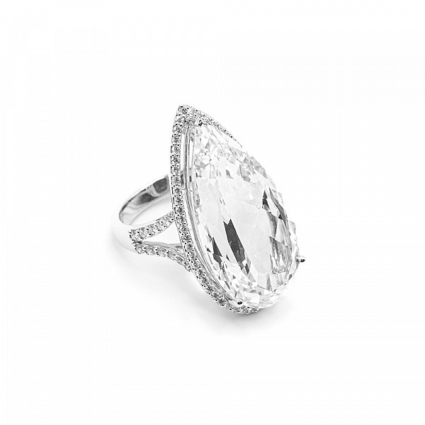 Image of 33.65ct Natural Pear Cut White Topaz and Natural Diamond Ring in White Gold