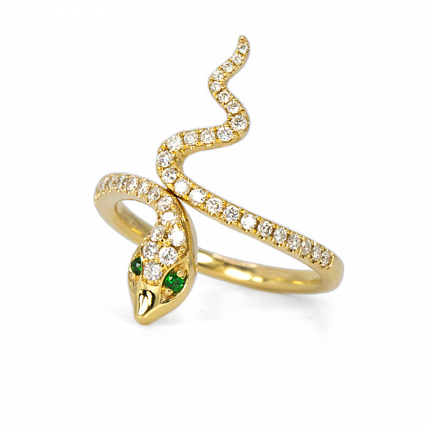 Image of 1.03ct Natural Diamond Snake Ring with Natural Emerald Eyes in Yellow Gold