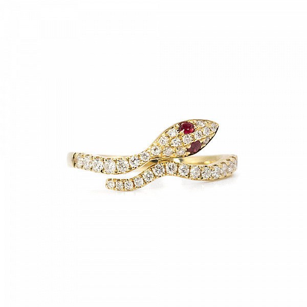 Image of 1.00ct Natural Diamond Snake Ring with Natural Ruby Eyes in Yellow Gold