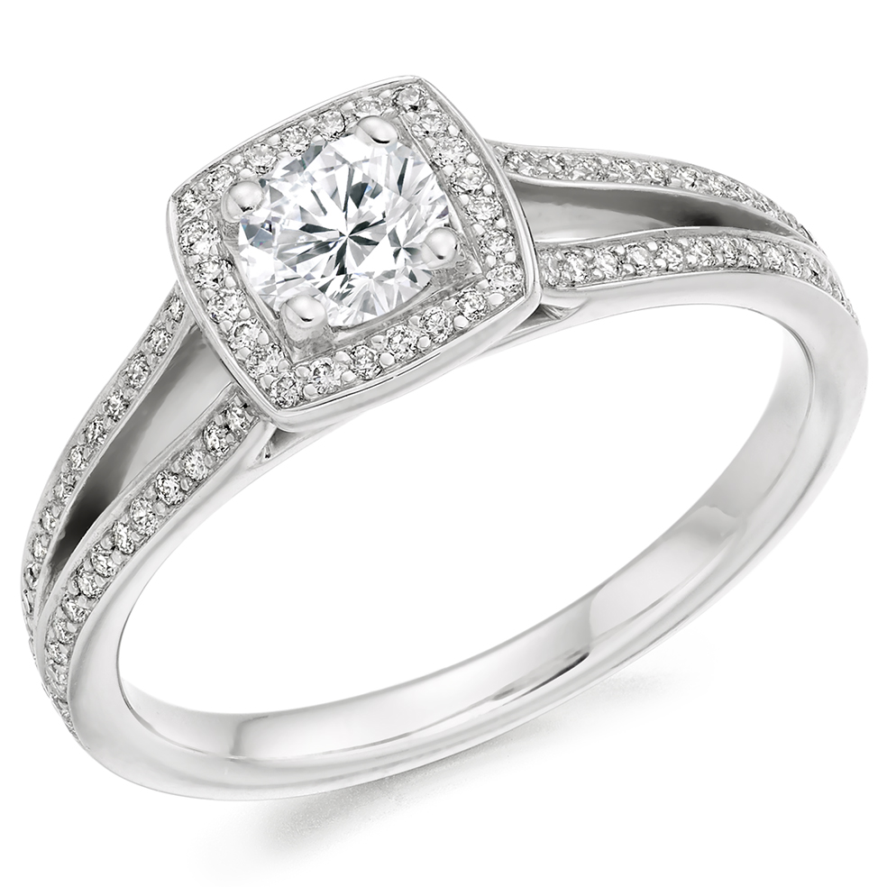 Image of Platinum Round Brilliant Halo with Diamond Set Shoulders Split Shoulders Engagement Ring