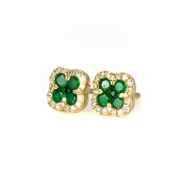 Image of 0.30ct Clover Shaped Emerald and Diamond Stud Earrings in Yellow Gold