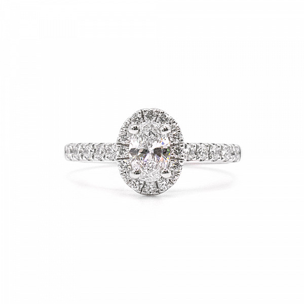 Image of 0.75ct Natural Oval Brilliant Cut Diamond Halo with Natural Diamond Set Shoulders Ring in Platinum
