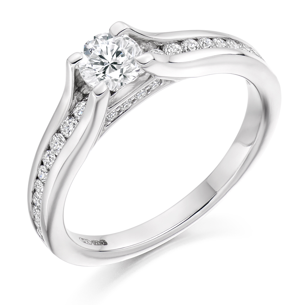 Image of Platinum Round Brilliant Solitaire with Diamond Set Shoulders Engagement Ring