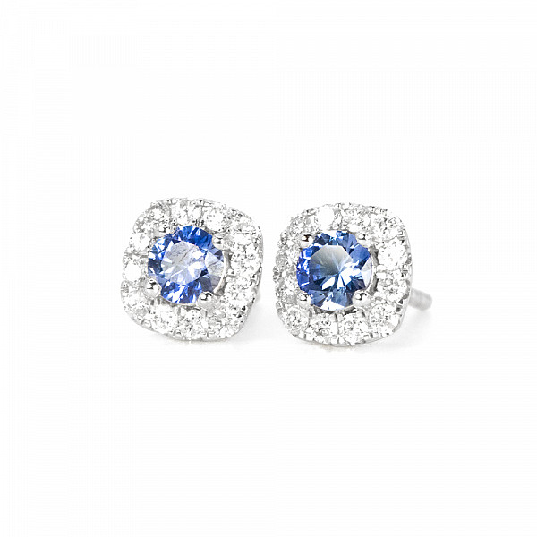 Image of 1.20ct Round Cut Blue Sapphire and Diamond Halo Stud Earrings in White Gold