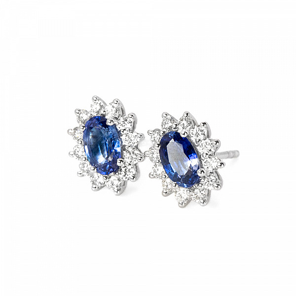 Image of Natural Oval Cut Blue Sapphire and Natural Diamond Cluster Stud Earrings in White Gold