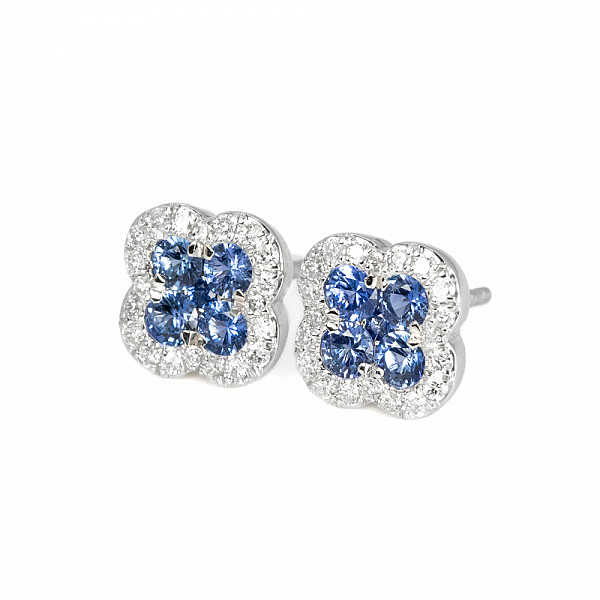 Image of 0.81ct Clover Shaped Natural Blue Sapphire and Natural Diamond Stud Earrings in White Gold