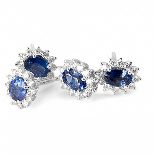Image of 1.25ct Natural Oval Cut Blue Sapphire and Natural Diamond Cluster Stud Earrings in White Gold
