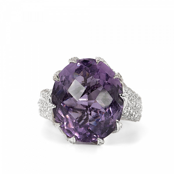 Image of 16.31ct Natural Briolette Cut Amethyst in a Twisted Natural Diamond Claw Setting in White Gold