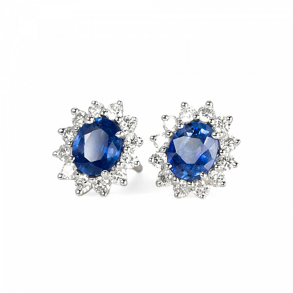 Image of 1.90ct Natural Oval Cut Blue Sapphire and Natural Diamond Cluster Stud Earrings in White Gold