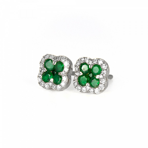Image of 0.40ct Clover Shaped Natural Emerald and Natural Diamond Stud Earrings in White Gold