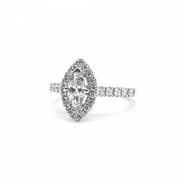 Image of 0.90ct Natural Marquise Brilliant Cut Diamond Halo with Natural Diamond Set Shoulders Ring in Platinum