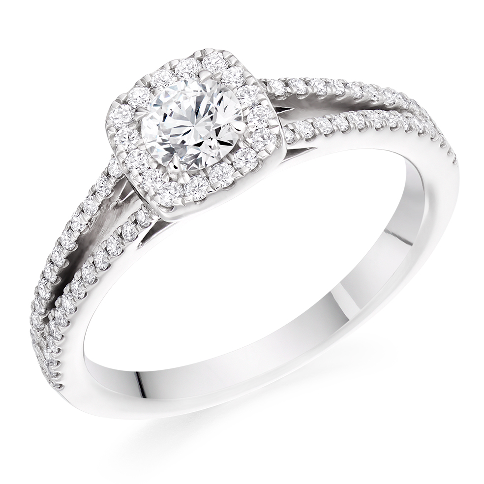 Image of Platinum Round Brilliant Halo with Diamond Set Shoulders Split Shoulders Engagement Ring