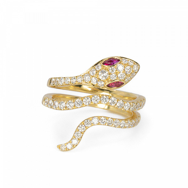 Image of 0.92ct Natural Diamond Snake Ring with Natural Ruby Eyes in Yellow Gold