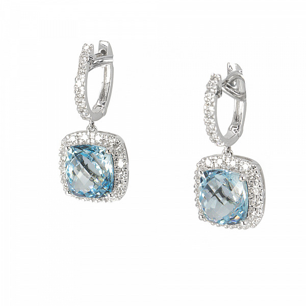 Image of 8.30ct Natural Briolette Cut Aquamarine and Natural Diamond Halo Drop Earrings in White Gold