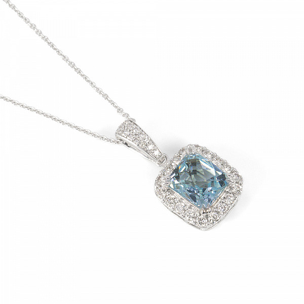 Image of 2.69ct Natural Briolette Cut Aquamarine and Natural Diamond Halo Pendant in White Gold