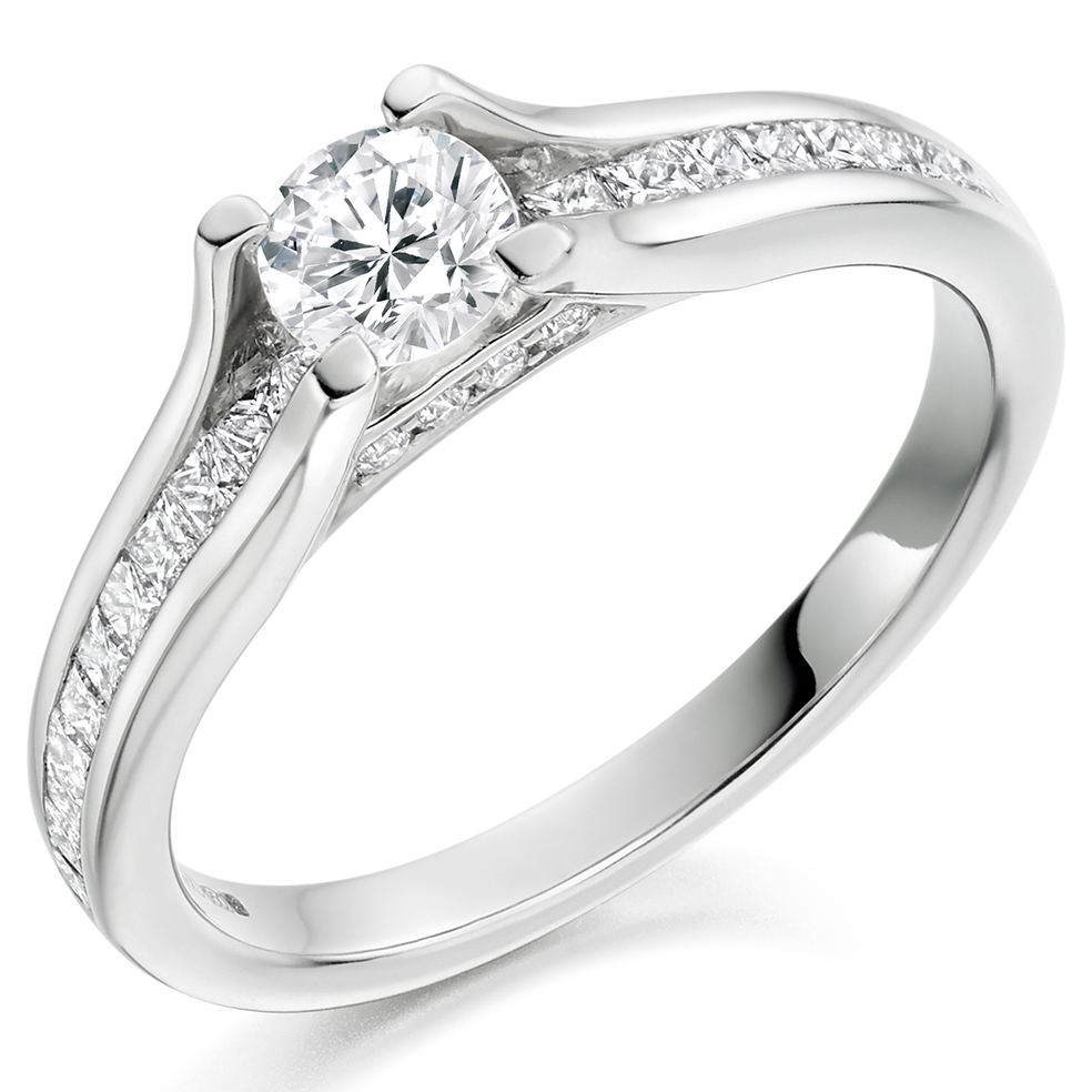 Image of Platinum Round Brilliant Solitaire with Diamond Set Shoulders Engagement Ring