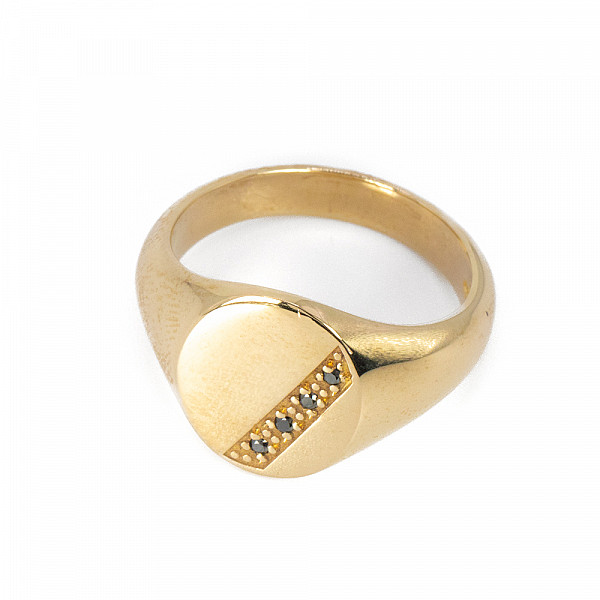 Image of 0.08ct Natural Black Diamond Patterned Oval Signet Ring in Yellow Gold