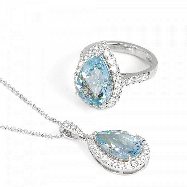 Image of 3.34ct Natural Pear Cut Aquamarine and Natural Diamond Halo Pendant in White Gold