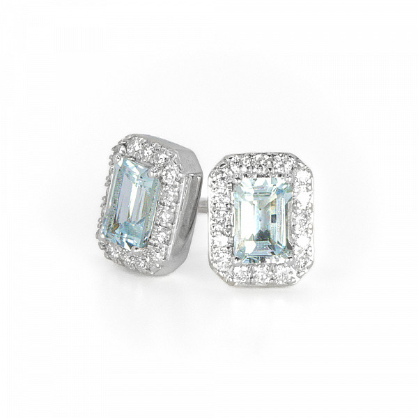 Image of 1.08ct Emerald Cut Aquamarine and Diamond Halo Stud Earrings in White Gold