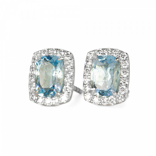 Image of 1.36ct Natural Mixed Cut Aquamarine and Natural Diamond Halo Stud Earrings in White Gold