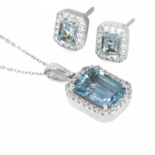 Image of 2.73ct Natural Emerald Cut Aquamarine and Natural Diamond Halo Pendant in White Gold